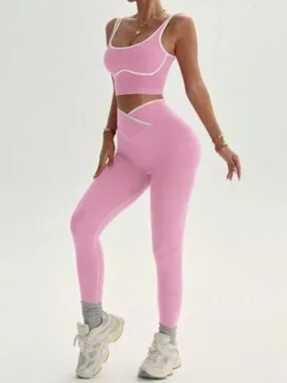 Pink Casual Women's Seamless Contrast Color And Yoga Activewear Set